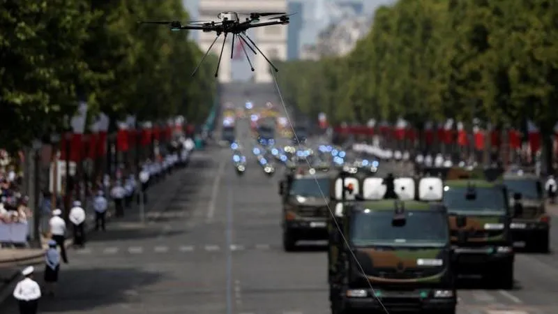 Leclerc Main Battle Tank Displayed with Anti-Drone 'Mangal' and Tethered UAV at Paris National Day Parade